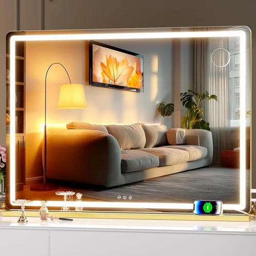 Vista 18 de Hasipu Espejo de tocador con luces, espejo de maquillaje LED de 32 x 24 pulgadas, espejo de maquillaje iluminado con 3 modos regulables, espejo