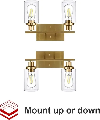 Vista 7 de Brass Bathroom Vanity Light 2 Light Farmhouse Bathroom Lighting Fixtures Over Bath Makeup Mirror Wall Sconce with Clear Glass Shades for Bathroom