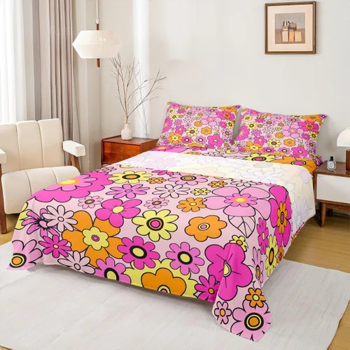 Vista 26 de Juego de ropa de cama floral bohemio de otoño Twin, juego de sábanas retro groovy flower power, sábanas de cama boho eyes hippie para adolescentes