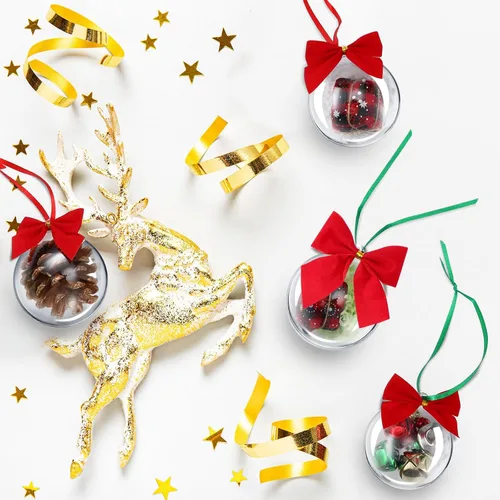 Vista 2 de Liliful 100 bolas de plástico transparente de Navidad de 2.76 pulgadas/2.756 in, rellenables, esferas de Navidad colgantes con 100 lazos, 2 cintas