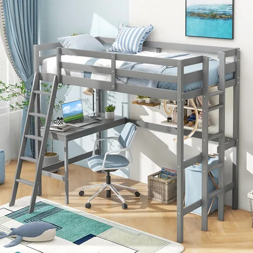 Vista 10 de Giantex Cama tipo loft de tamaño individual con escritorio, cama alta de madera maciza con 2 escaleras y barandilla de longitud completa, marco