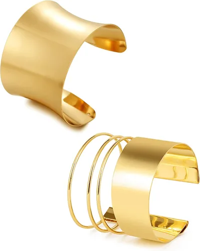 BOMAIL Juego de 2 pulseras de brazalete para mujer, pulseras de alambre ancho abierto, pulsera dorada ajustable Dorado-A2P