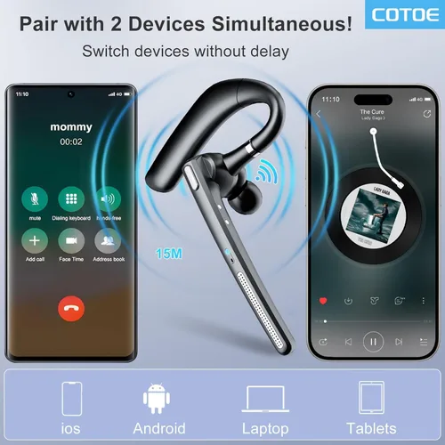 Vista 7 de COTOE Auriculares Bluetooth V5.3, auricular inalámbrico con estuche de carga de 500 mAh, auriculares manos libres, micrófono con cancelación