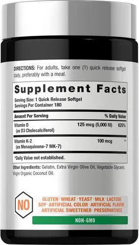 Vista 2 de Horbäach Vitamina D3 K2 5000 UI Complejo de 100 mcg MK-7 180 Cápsulas Blandas Suplemento sin OMG y sin gluten