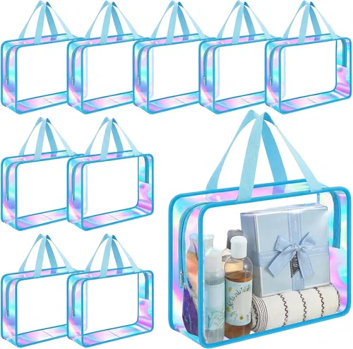 Vista 15 de Sweetude Neceser grande transparente con asa de gran capacidad, bolsa de maquillaje iridiscente para playa, bolsa de maquillaje de PVC transparente