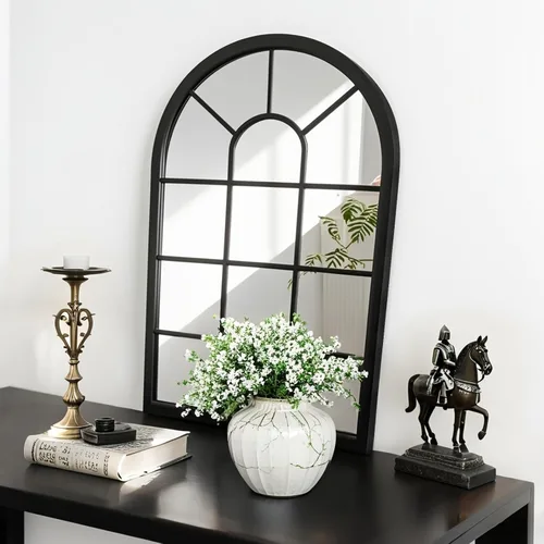 Vista 9 de HQiJun Espejo de ventana arqueado negro, espejos de pared decorativos de granja para sala de estar, dormitorio, entrada, tocador de baño, repisa