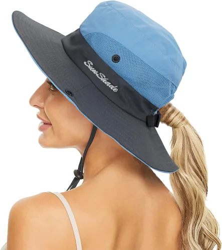 Vista 13 de Sombrero de sol de verano para mujer, cola de caballo, protección UV, ala ancha, plegable, sombrero Beige