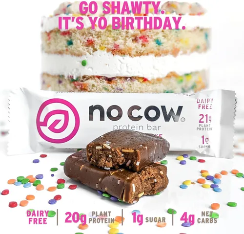 Vista 2 de No Cow Barras de proteínas, pastel de cumpleaños, 0.71oz de proteína vegana a base de plantas, aptas para ceto, bajas en azúcar, bajas