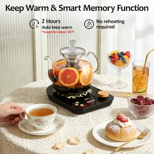 Vista 5 de HHT Tetera eléctrica con infusor, control preciso de temperatura de ± 1 ℉, hervidor eléctrico de vidrio para hierbas, flores, té de frutas y hojas