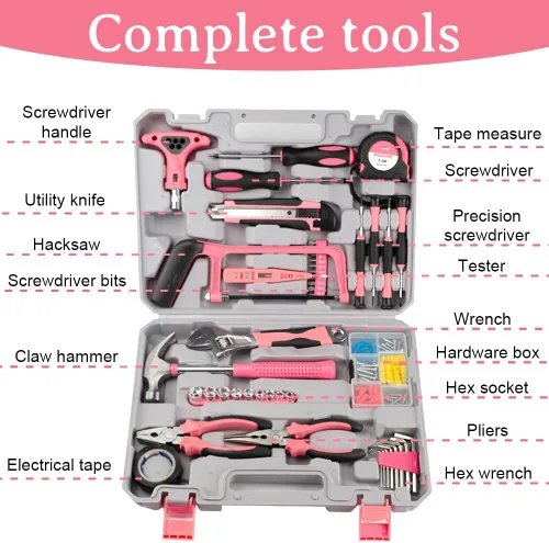 Vista 2 de Juego de herramientas rosas de 103 piezas, caja de herramientas para el hogar para mujeres con estuche de almacenamiento, kit de herramientas