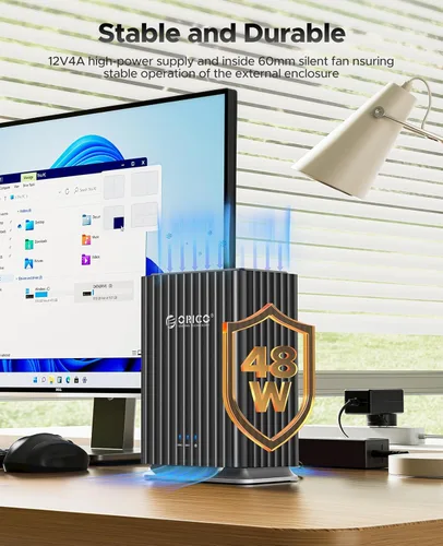 Vista 6 de ORICO Caja de disco duro de 2 bahías USB C Plug and Play DAS Backup con adaptador de corriente de 12V/4A Máximo 2* 22TB de almacenamiento para base