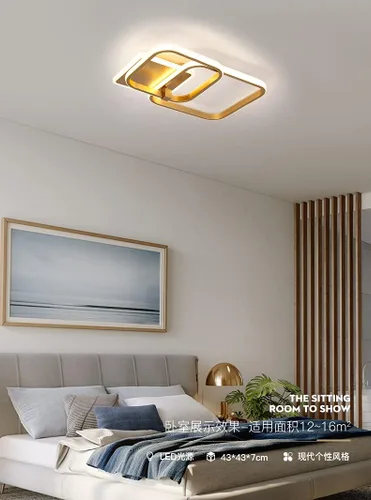 Vista 9 de Lámpara de techo LED moderna, lámpara de techo de montaje empotrado de 50 W, lámpara de techo cuadrada geométrica dorada para sala de estar, 2