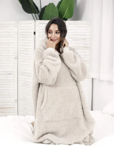 Vista 4 de Manta Sherpa con capucha de gran tamaño, sudadera con capucha y manga larga y bolsillo, color beige