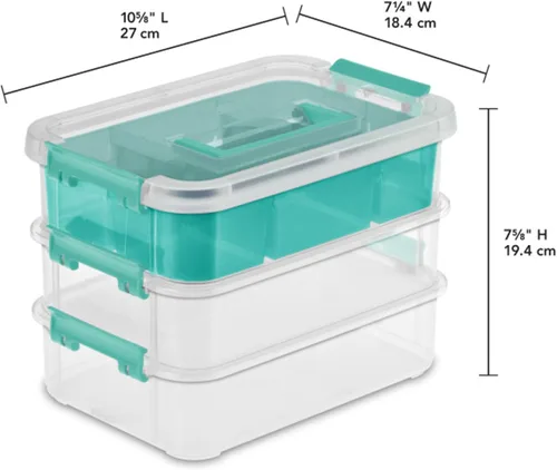 Vista 2 de Sterilite Paquete de 12 cajas de almacenamiento de plástico, 3 capas, apilar y transportar, transparente/azul