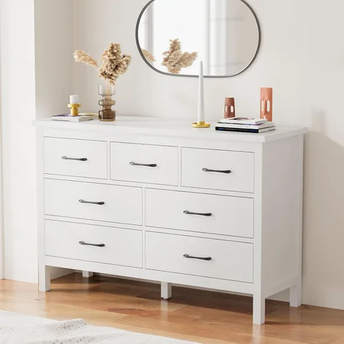 Vista 8 de LYNSOM Cómoda blanca para dormitorio, cómoda de 7 cajones con asas de metal, cómoda de madera moderna para sala de estar, entrada y pasillo