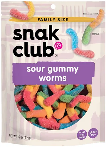 Vista 9 de Snak Club Gusanos de goma agria, gomitas agridulces surtidas, dulces a granel, aperitivos sin gluten, sin OMG, bolsa resellable de 32 onzas