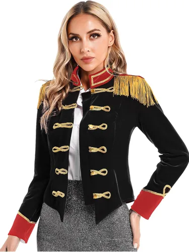 Hularka Disfraz de maestro de ceremonias de circo para mujer, cuello alto, chaqueta con borlas, disfraz de líder de anillo para cosplay Negro