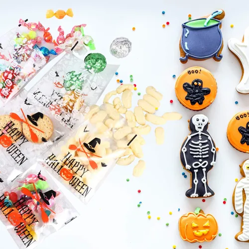 Vista 2 de 100 bolsas de golosinas de Halloween, bolsas transparentes autoadhesivas para caramelos, bolsas de plástico de celofán para galletas para recuerdos