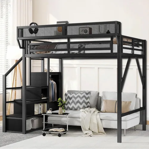 Vista 8 de Twin XL Metal Loft Bed with Slide, Black Negro