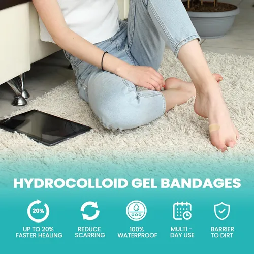 Vista 6 de Promifun Vendajes para ampollas - 28 unidades de almohadillas de hidrocoloide para pies, dedos, talones - Almohadillas de gel resistentes al agua