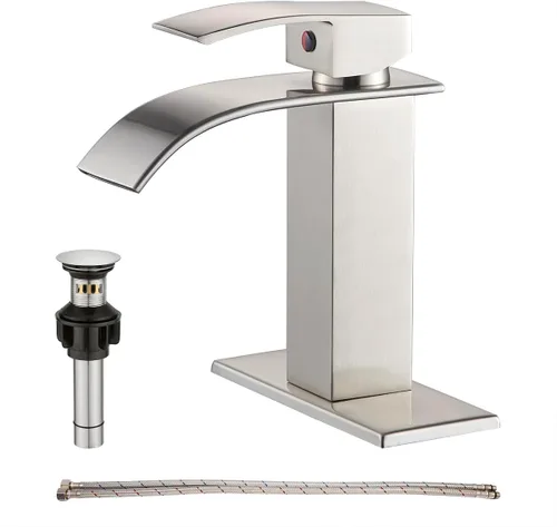 Vista 9 de GENBONS Grifo de baño tipo cascada, 3 orificios extendidos, níquel cepillado, 8 pulgadas, 2 manijas, desagüe pop-up, moderno, lavabo de baño