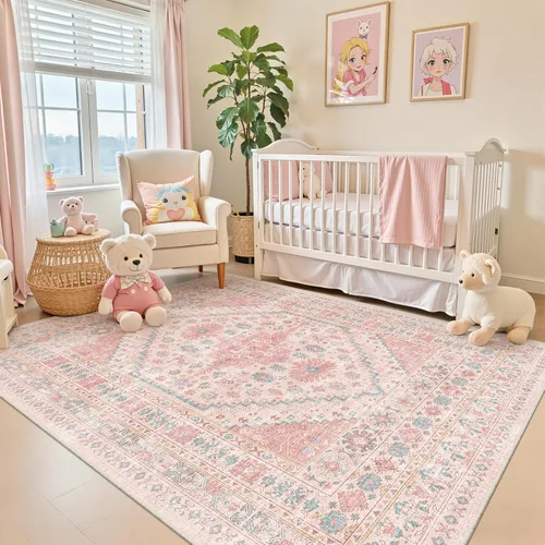 Vista 145 de zesthome Alfombras de área de 5 x 7, lavables a máquina, para sala de estar, dormitorio, resistentes a las manchas, vintage, de gran área, Beige