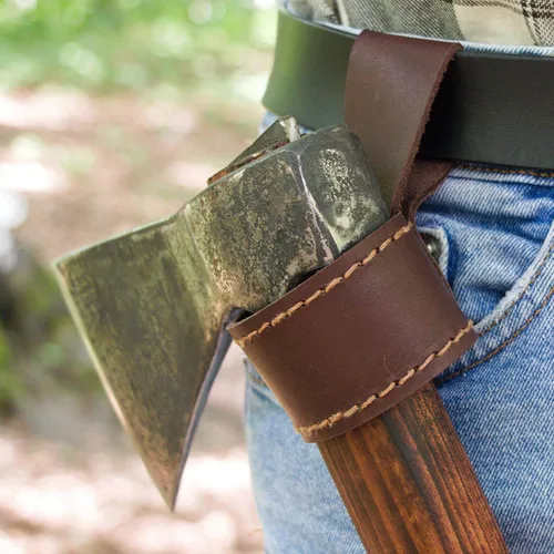 Vista 5 de Funda de cuero del tenedor del hacha del hacha con el lazo del cinturón, funda cosida hecha a mano de la herramienta