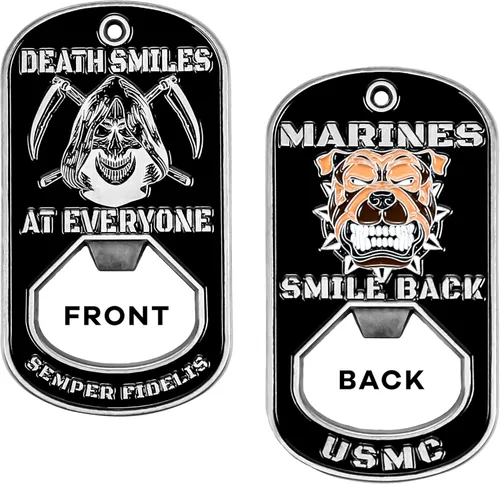 Military Gift Shop One USMC Death Smiles at Everyone – Marines Smile Back - Abridor de botellas de identificación para perro – Abrebotellas del
