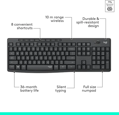Vista 9 de Logitech MK295 Combo de ratón y teclado inalámbrico con tecnología SilentTouch, teclado numérico completo, seguimiento óptico avanzado, inalámbrico