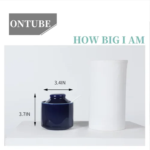 Vista 3 de ONTUBE Azucarero de cerámica con tapa y cuchara, cuenco de sal, caja de condimentos de porcelana, 8 onzas (azul marino)