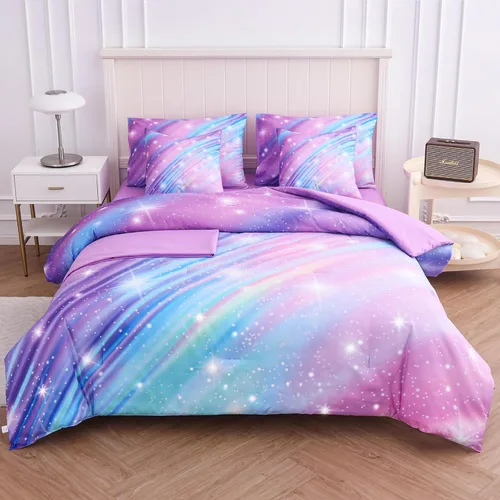 Vista 13 de Juego de ropa de cama arcoíris tamaño individual – Edredón reversible de 5 piezas para niñas con sábana de bolsillo profundo, diseño de galaxia