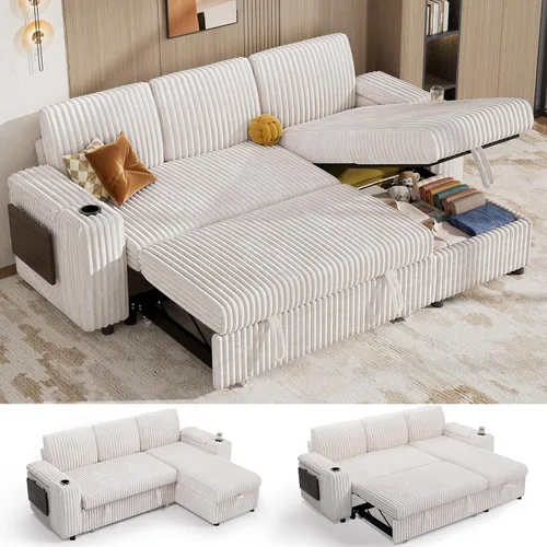 Vipbear Sofá cama modular de 86 pulgadas con cama extraíble, sofá en forma de L de pana de felpa de 3 asientos con diván de almacenamiento, puertos