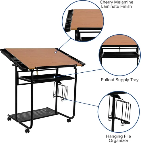 Vista 5 de Flash Furniture Swanson - Mesa de dibujo ajustable con marco negro y ruedas de doble rueda, color cereza