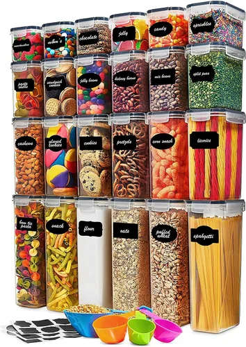 Juego de 24 recipientes herméticos para almacenamiento de alimentos, recipientes de plástico transparente sin BPA para cocina y despensa con tapas