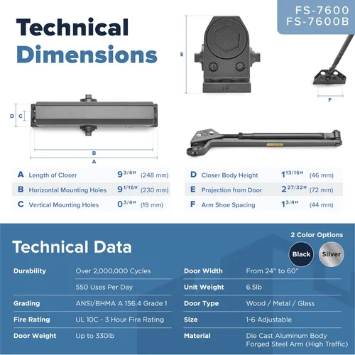 Vista 4 de Cierrapuertas comercial resistente (negro) – Cierre automático de puerta para uso comercial – Bisagra de resorte hidráulico automático de grado 1