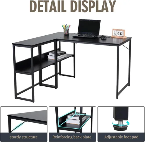 Vista 6 de UNICOO Escritorio multifunción para computadora con 3 combinaciones. Escritorio para computadora en forma de L con estantes, escritorio de estudio