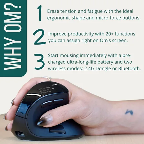 Vista 4 de Ergodriven Ratón ergonómico vertical Om Inalámbrico: Bluetooth y 2.4G Recargable, óptico, 4 niveles DPI, 5 botones personalizados para PC