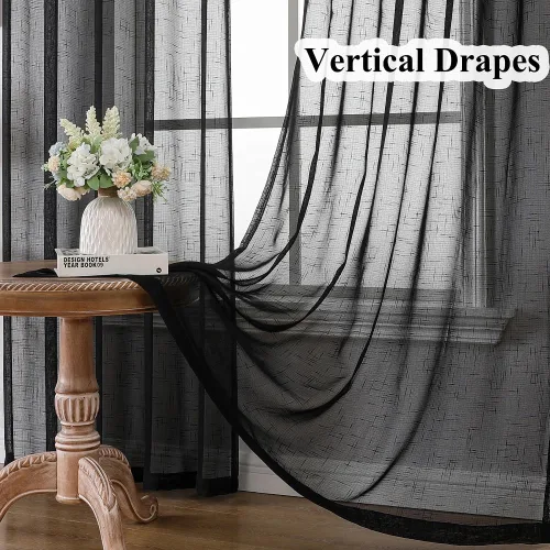 Vista 5 de Cortinas plisadas con aspecto de lino negro de 84 pulgadas de largo, 2 paneles de cortinas y cortinas de filtro de luz con textura rústica, cortina