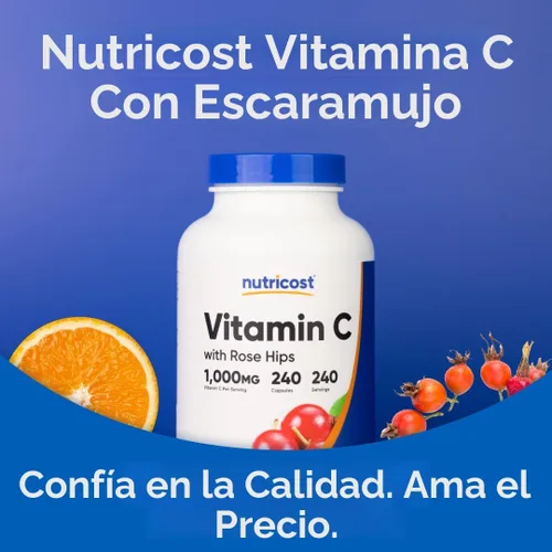 Vista 5 de Nutricost Vitamina C con escaramujos, 1025 mg, 240 cápsulas, vitamina C 1,000 mg, rosa cadera, 25 mg, premium, sin OMG, suplemento sin gluten