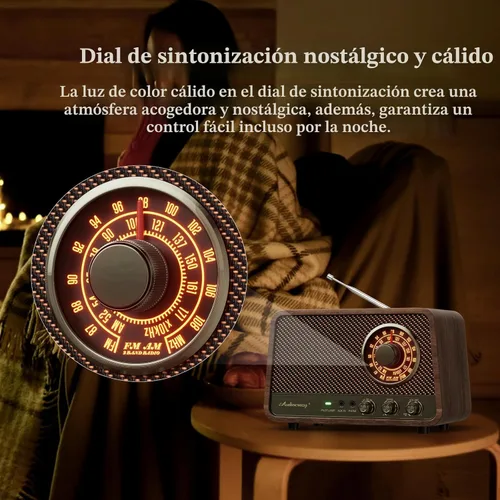 Vista 6 de Radio Bluetooth AM FM de madera vintage con sonido potente de 10 vatios, radio con altavoz Bluetooth retro con esfera suave brillante, control