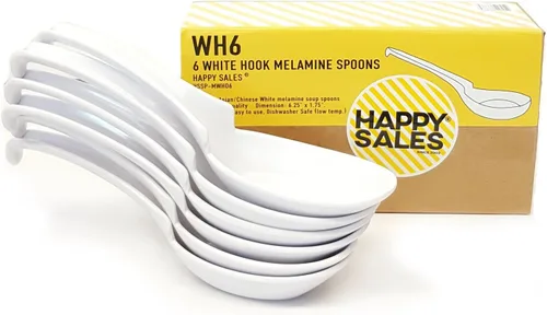 Vista 2 de Happy Sales Soba de melamina, cucharas de arroz, cuchara de sopa china de Won Ton, blanco asiático, paquete de 6 con muesca y estilo gancho
