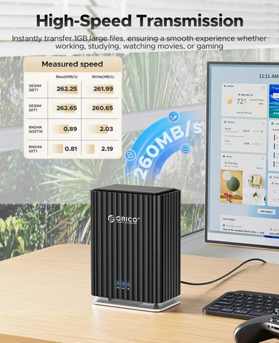 Vista 4 de ORICO Caja de disco duro de 2 bahías USB C Plug and Play DAS Backup con adaptador de corriente de 12V/4A Máximo 2* 22TB de almacenamiento para base
