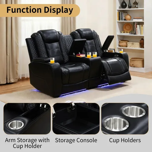 Vista 3 de Sofá reclinable con luces LED, sofá reclinable de cuero con dos asientos reclinables/puerto USB/consola de almacenamiento/soporte para vasos