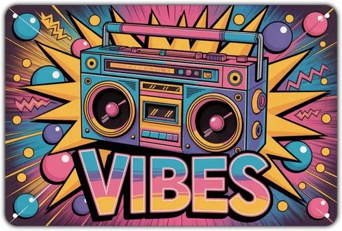 Retro Boombox tin sign Vintage 80s Music Metal Sign Print Aesthetic for Garden Yard Bar Porch Home Bedroom Kitchen Wall Decor Gift 8 x 12 in