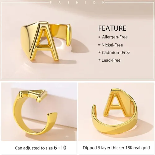 Vista 4 de Bold Initial Letter Rings Adjustable, GoldChic Jewelry Women Gold Statement Ring Personalised Engraved Womens Open Signet Ring for Party