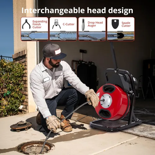 Vista 6 de Zstar Máquina limpiadora de drenaje de 50 pies x 1/2 pulgada, alimentación automática de barrena de alcantarillado con 4 cortadores e interruptor