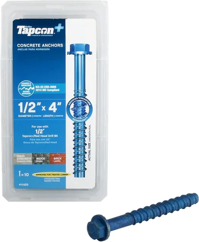 Vista 23 de Tapcon + Anclajes de hormigón de cabeza hexagonal de alta resistencia de 1/2 x 3 pulgadas, 10 unidades, revestimiento climático azul resistente a