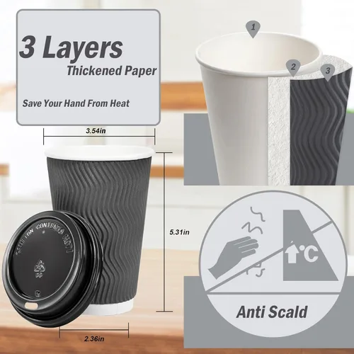Vista 21 de Lamosi 500 Pack - 12 oz Insulated Disposable Coffee Cups with Lids, To Go Paper Coffee Cups with Lids, Corrugated Ripple Wall Cup for Hot Drink