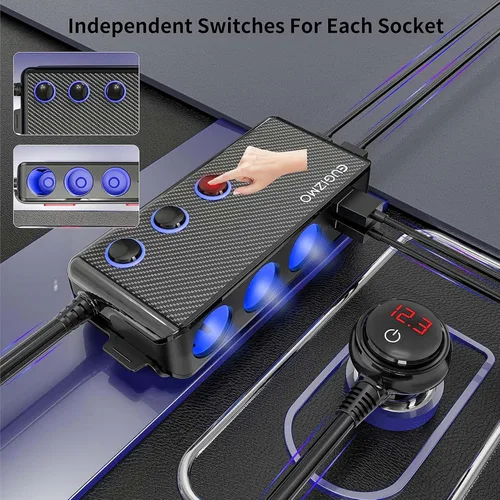 Vista 4 de EUGIZMO Divisor de enchufe para encendedor de cigarrillos, 3 zócalos de 200 W, adaptador de encendedor de cigarrillos USB, cable de extensión