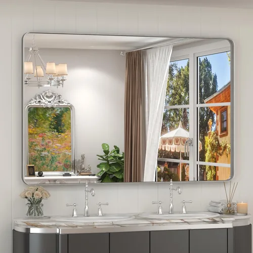 Vista 19 de Espejo rectangular para pared de baño de 20x30 pulgadas con marco negro mate, espejo de tocador con esquinas redondeadas, espejo de baño de metal